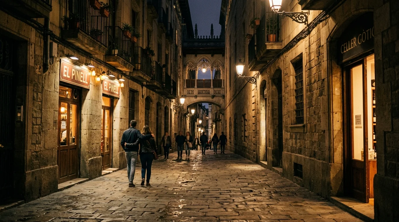 make a cinematic and historical picture of the Gothic Quarter (Barri Gòtic) neighborhood